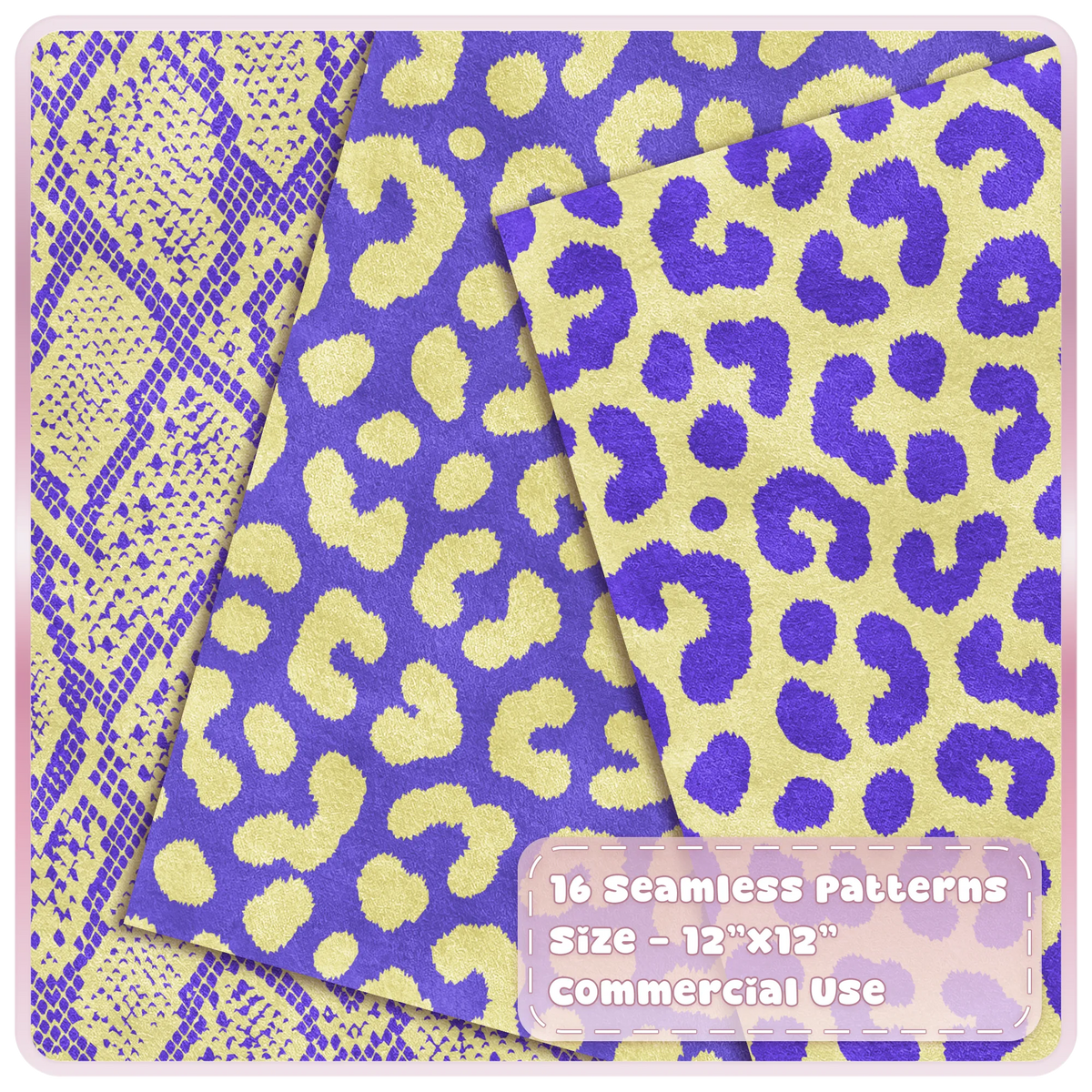 Purple and yellow snakeskin and leopard seamless patterns shown as layered textured animal print digital papers
