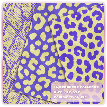 Purple and yellow snakeskin and leopard seamless patterns shown as layered textured animal print digital papers