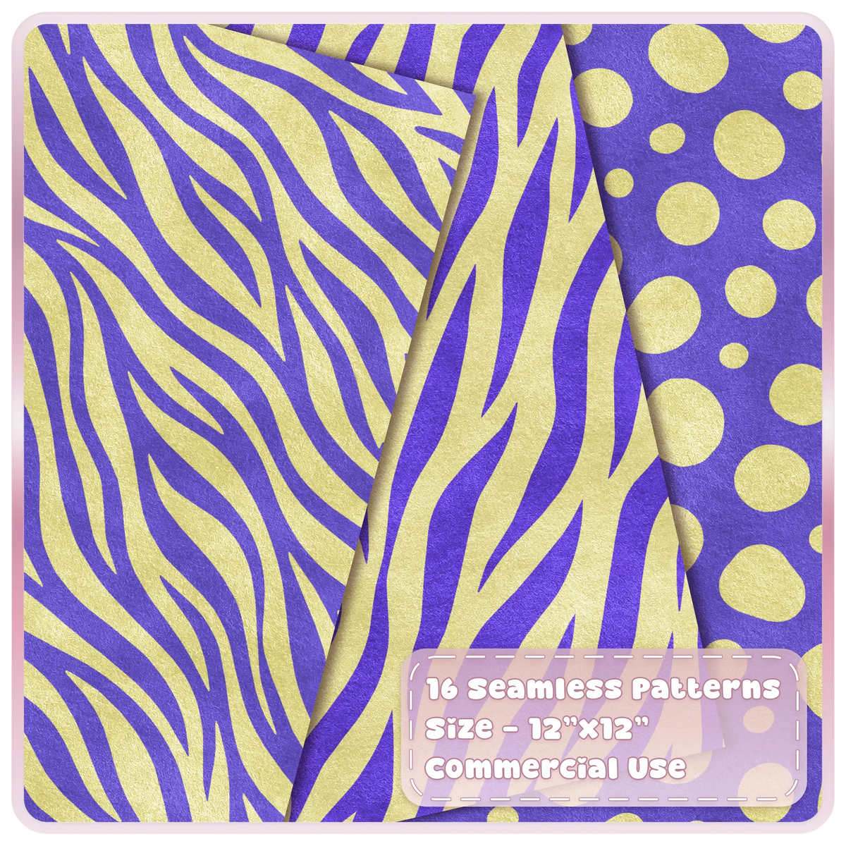Purple and butter yellow zebra stripe and spotted animal print seamless digital papers from the Butter Byte collection