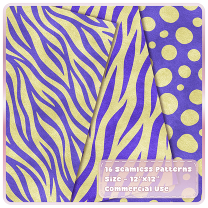 Purple and butter yellow zebra stripe and spotted animal print seamless digital papers from the Butter Byte collection