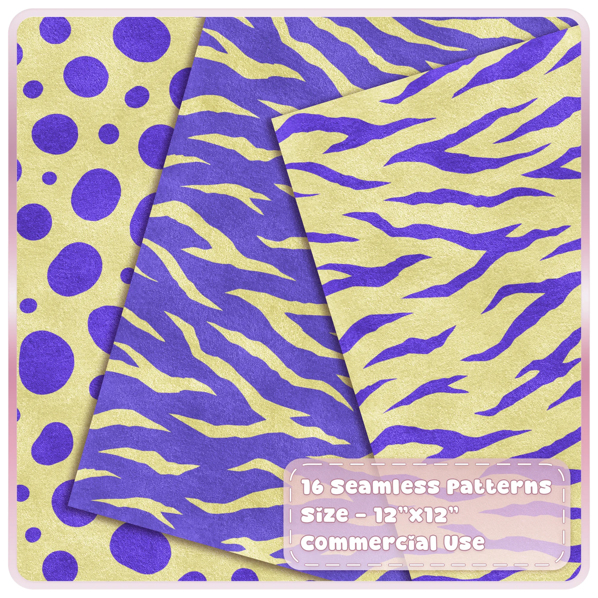 Butter yellow and purple spotted and tiger stripe seamless animal print patterns shown as layered digital papers