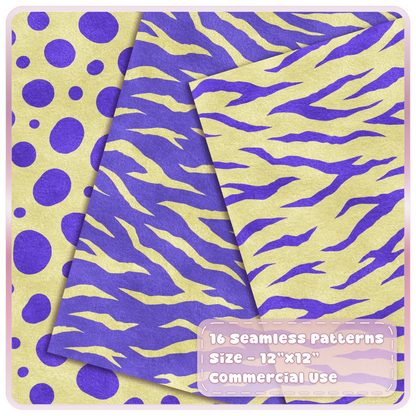 Butter yellow and purple spotted and tiger stripe seamless animal print patterns shown as layered digital papers