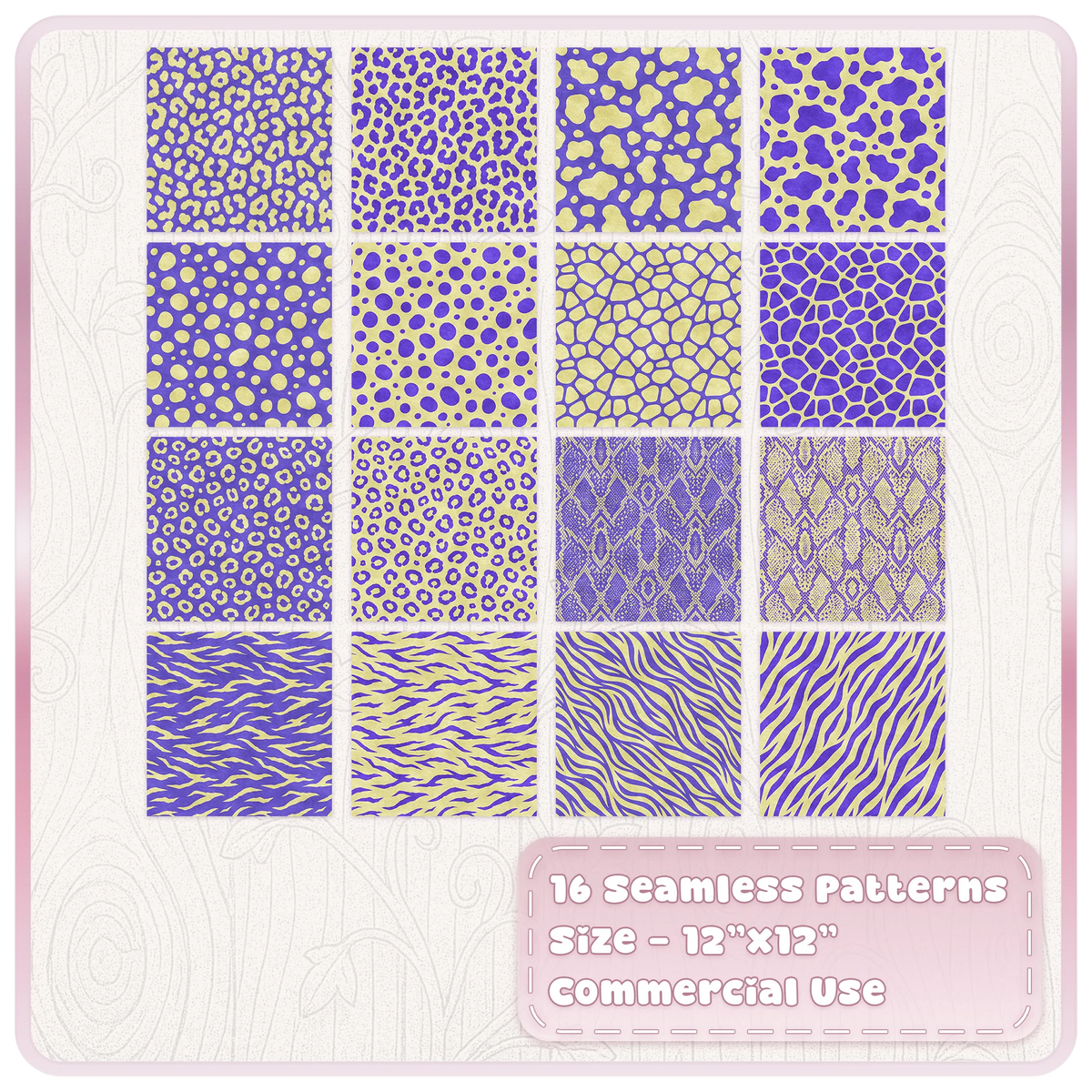 Complete set of 16 purple and yellow seamless animal print digital papers including leopard, zebra, snake and spots