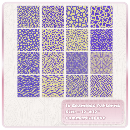 Complete set of 16 purple and yellow seamless animal print digital papers including leopard, zebra, snake and spots
