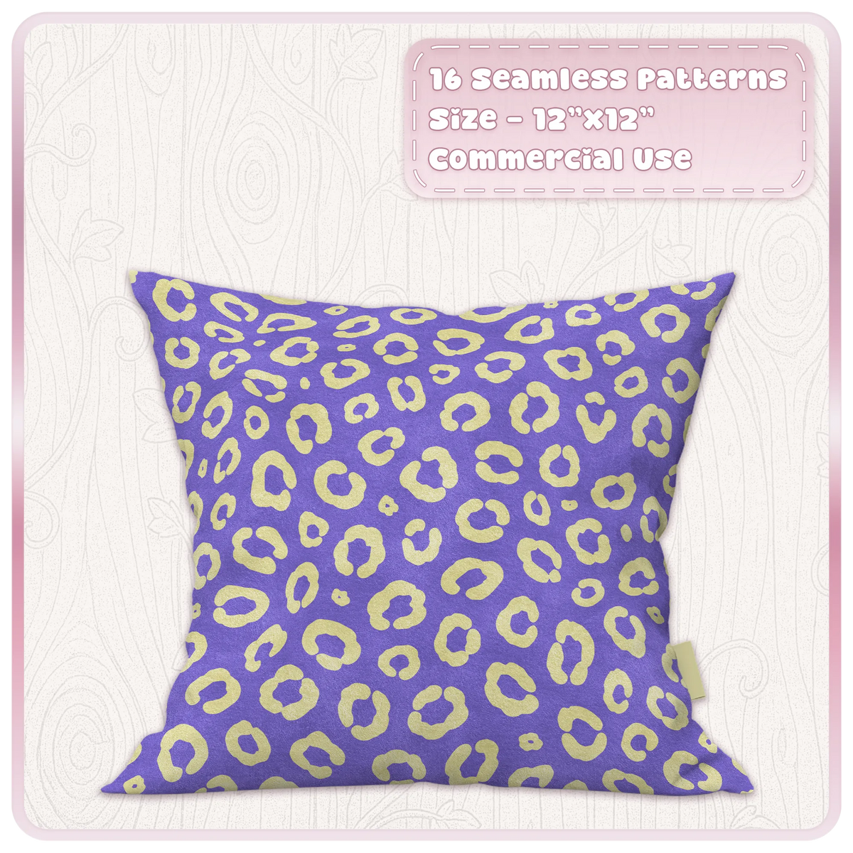 Purple cushion mockup with butter yellow leopard seamless pattern from the Butter Byte animal print collection