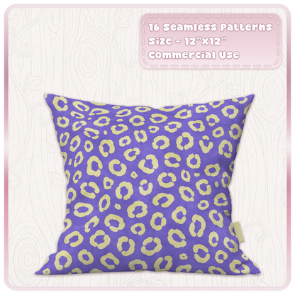 Purple cushion mockup with butter yellow leopard seamless pattern from the Butter Byte animal print collection