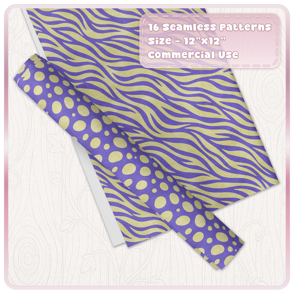 Purple and yellow zebra and spotted animal print seamless patterns shown on digital paper and wrapping paper mockups