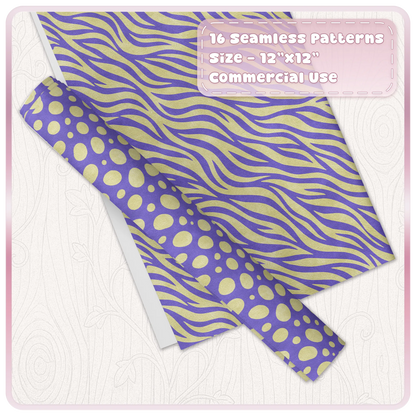 Purple and yellow zebra and spotted animal print seamless patterns shown on digital paper and wrapping paper mockups