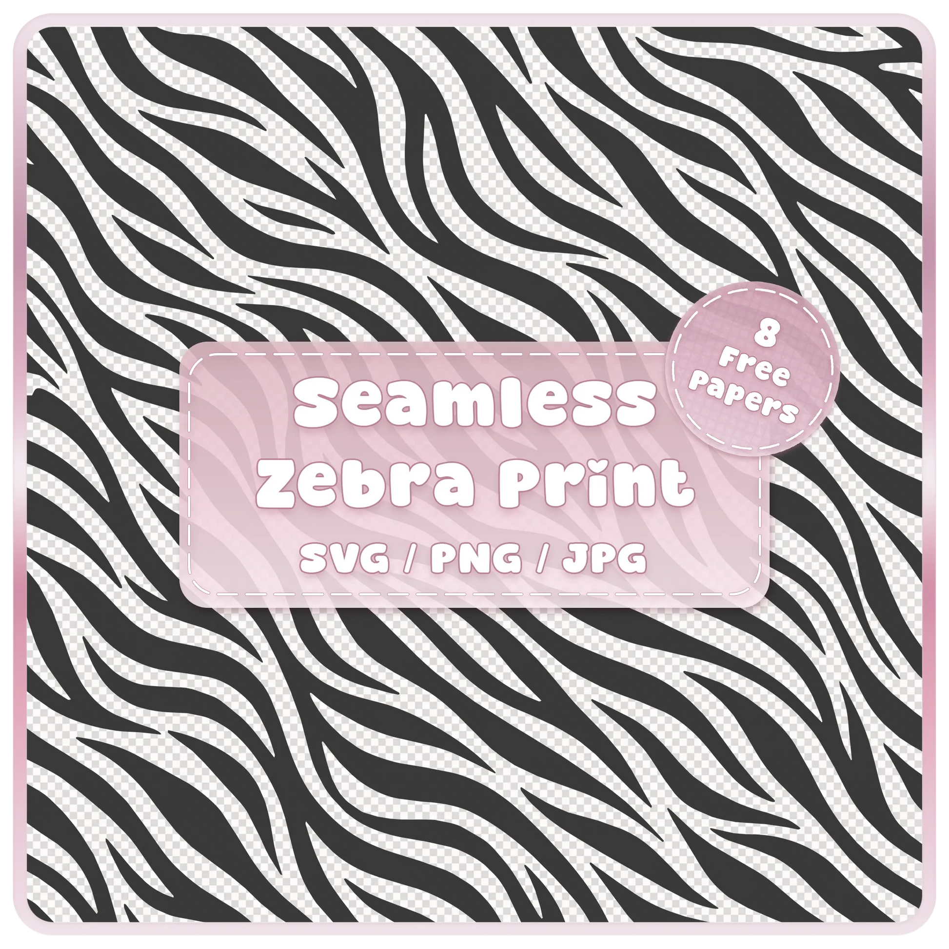 Seamless zebra print pattern digital download in SVG PNG and JPG format with black and white animal print stripes and 8 free colour example papers.