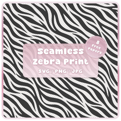 Seamless zebra print pattern digital download in SVG PNG and JPG format with black and white animal print stripes and 8 free colour example papers.
