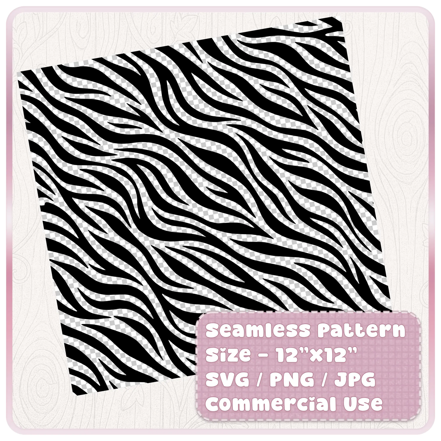 Tileable black and white zebra animal print seamless pattern shown as a 12 x 12 digital paper file for SVG PNG and JPG craft projects.