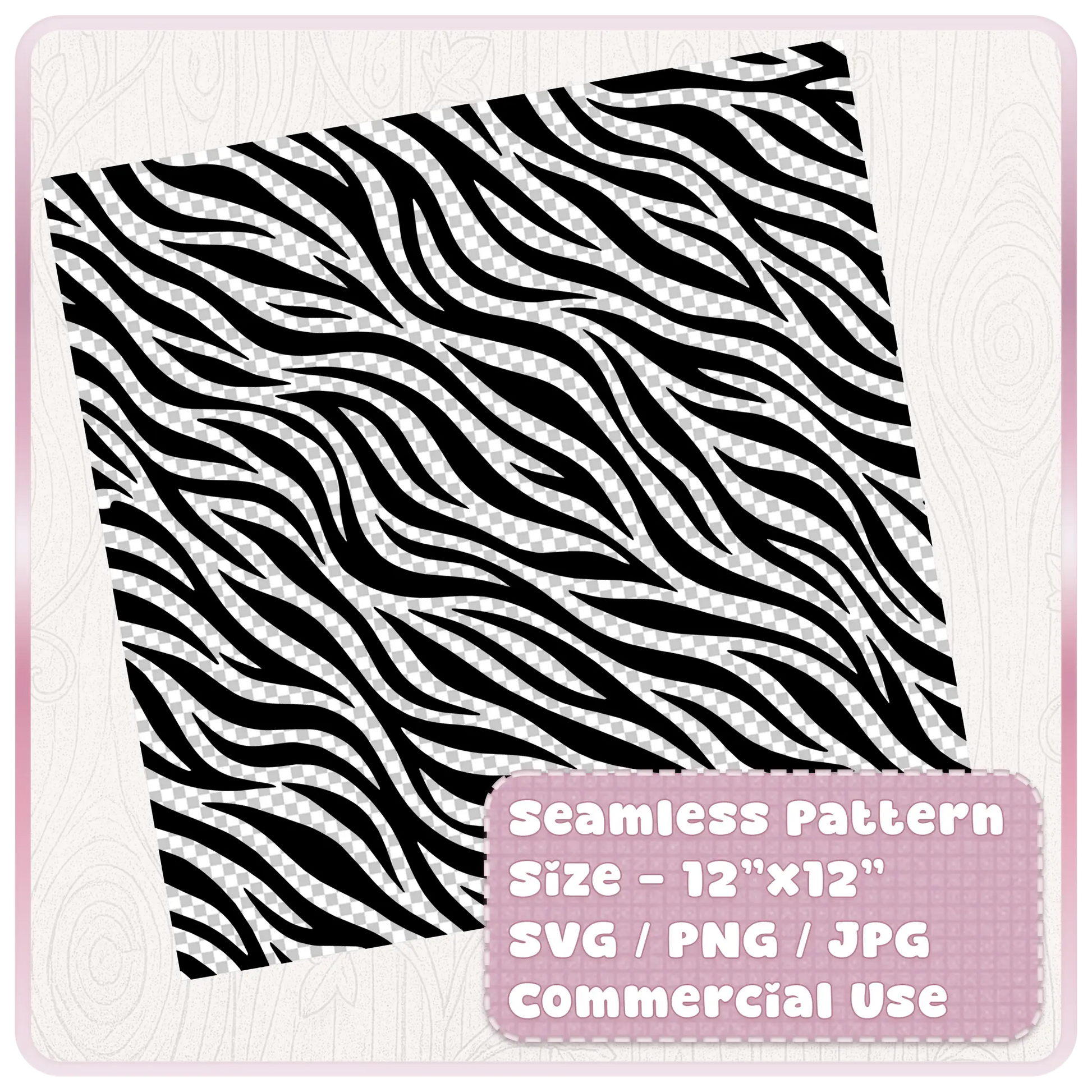 Tileable black and white zebra animal print seamless pattern shown as a 12 x 12 digital paper file for SVG PNG and JPG craft projects.