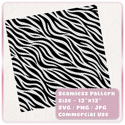 Tileable black and white zebra animal print seamless pattern shown as a 12 x 12 digital paper file for SVG PNG and JPG craft projects.