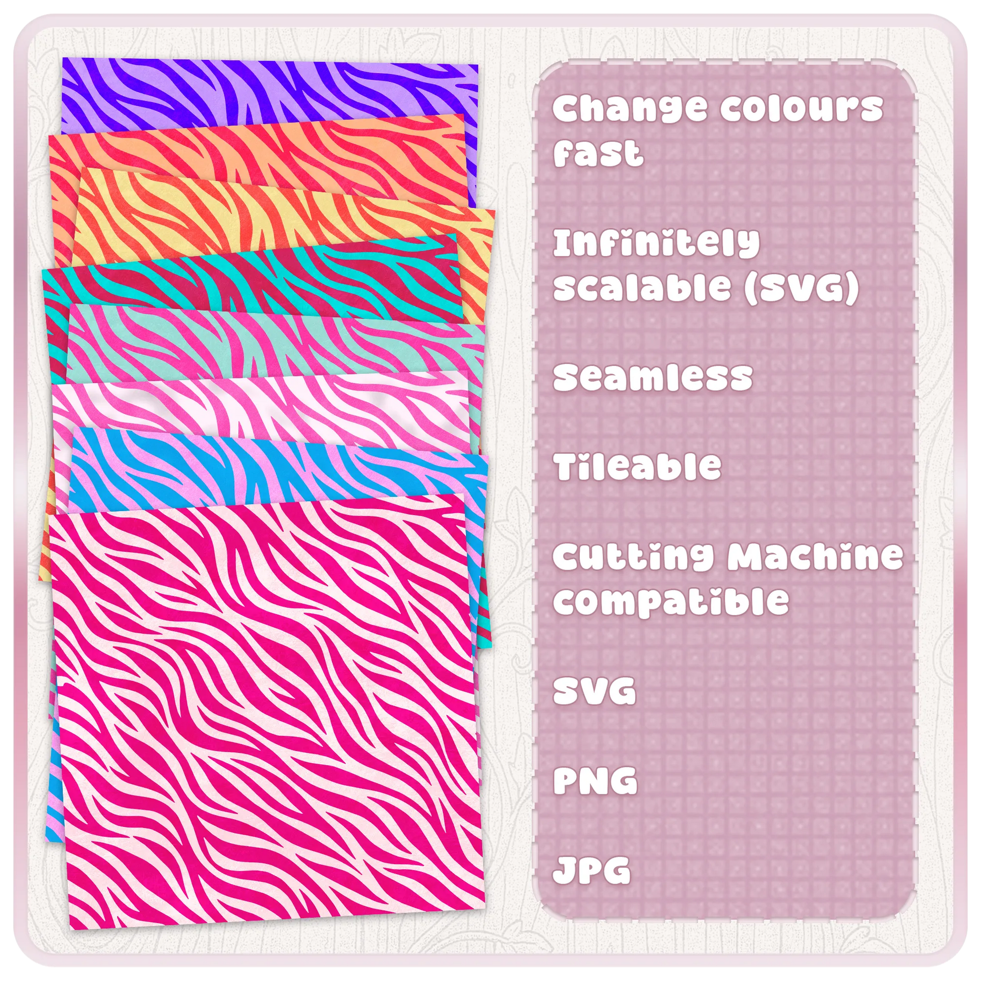 Colour examples of seamless zebra print pattern in bright animal print colourways with SVG PNG and JPG digital download details.