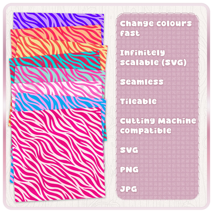 Colour examples of seamless zebra print pattern in bright animal print colourways with SVG PNG and JPG digital download details.