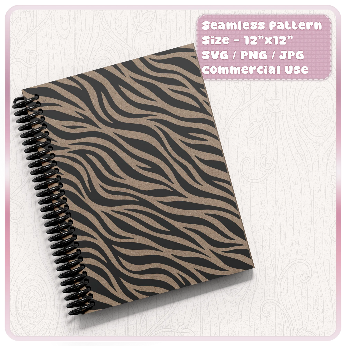 Zebra print seamless pattern mockup on a spiral notebook cover showing black animal stripes on kraft paper for planner and journal designs.