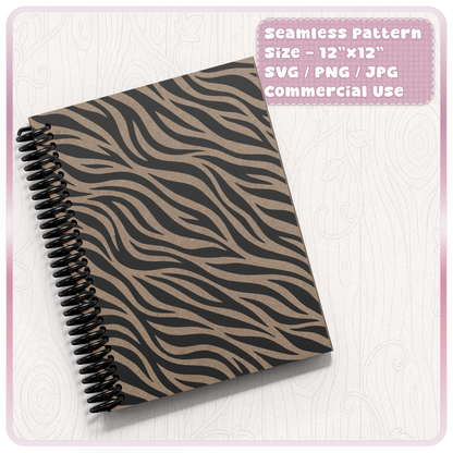 Zebra print seamless pattern mockup on a spiral notebook cover showing black animal stripes on kraft paper for planner and journal designs.