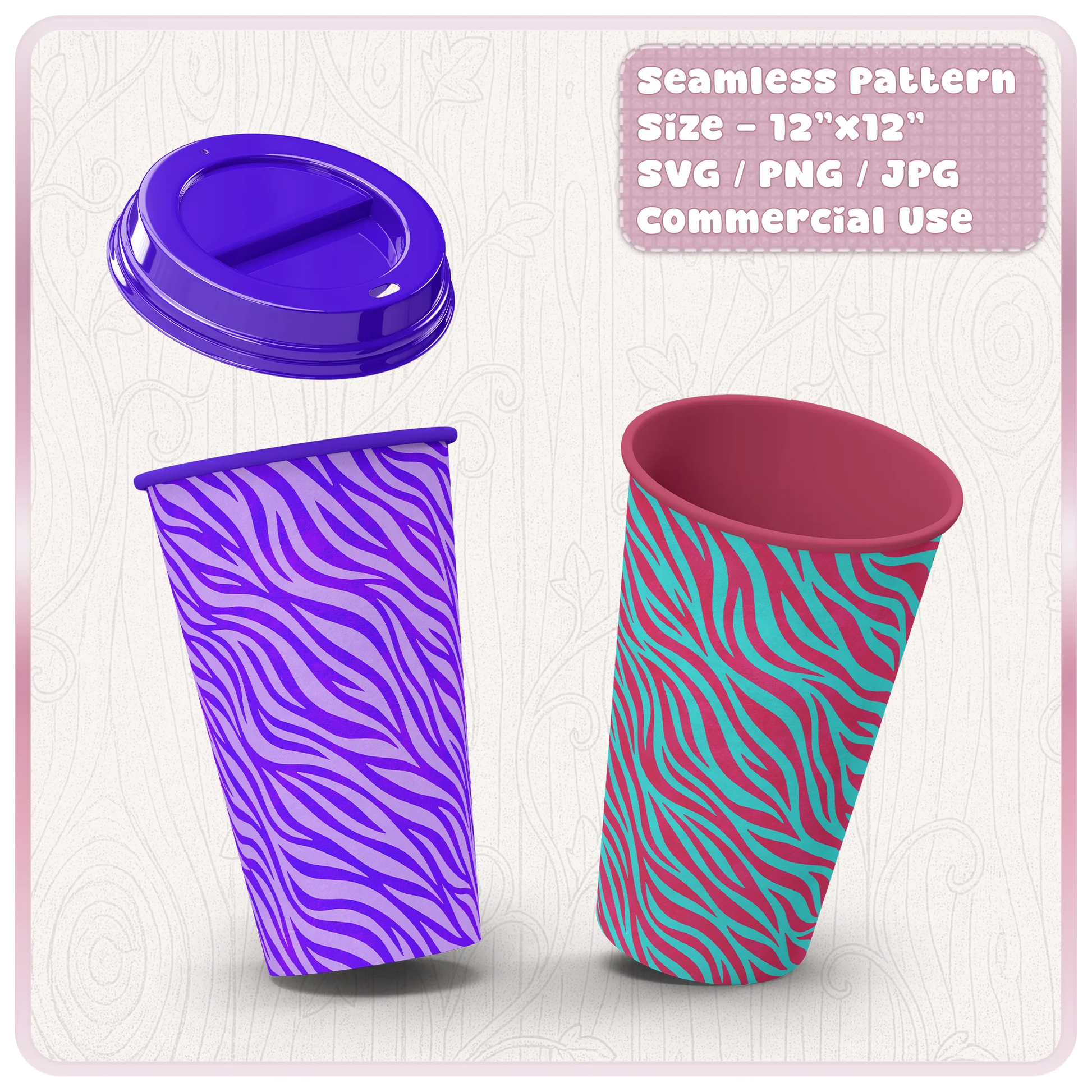 Seamless zebra print pattern mockup on reusable cups with purple, teal and pink animal stripe designs for sublimation and product design.