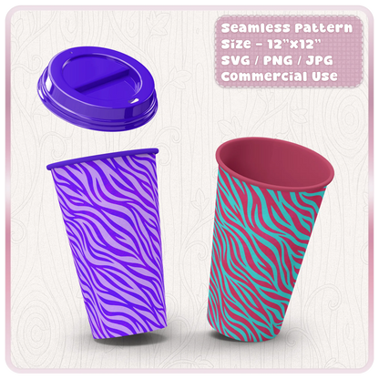 Seamless zebra print pattern mockup on reusable cups with purple, teal and pink animal stripe designs for sublimation and product design.