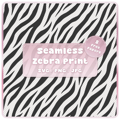 Seamless zebra print pattern SVG PNG JPG digital download with black and white animal stripe background and 8 free colour example papers