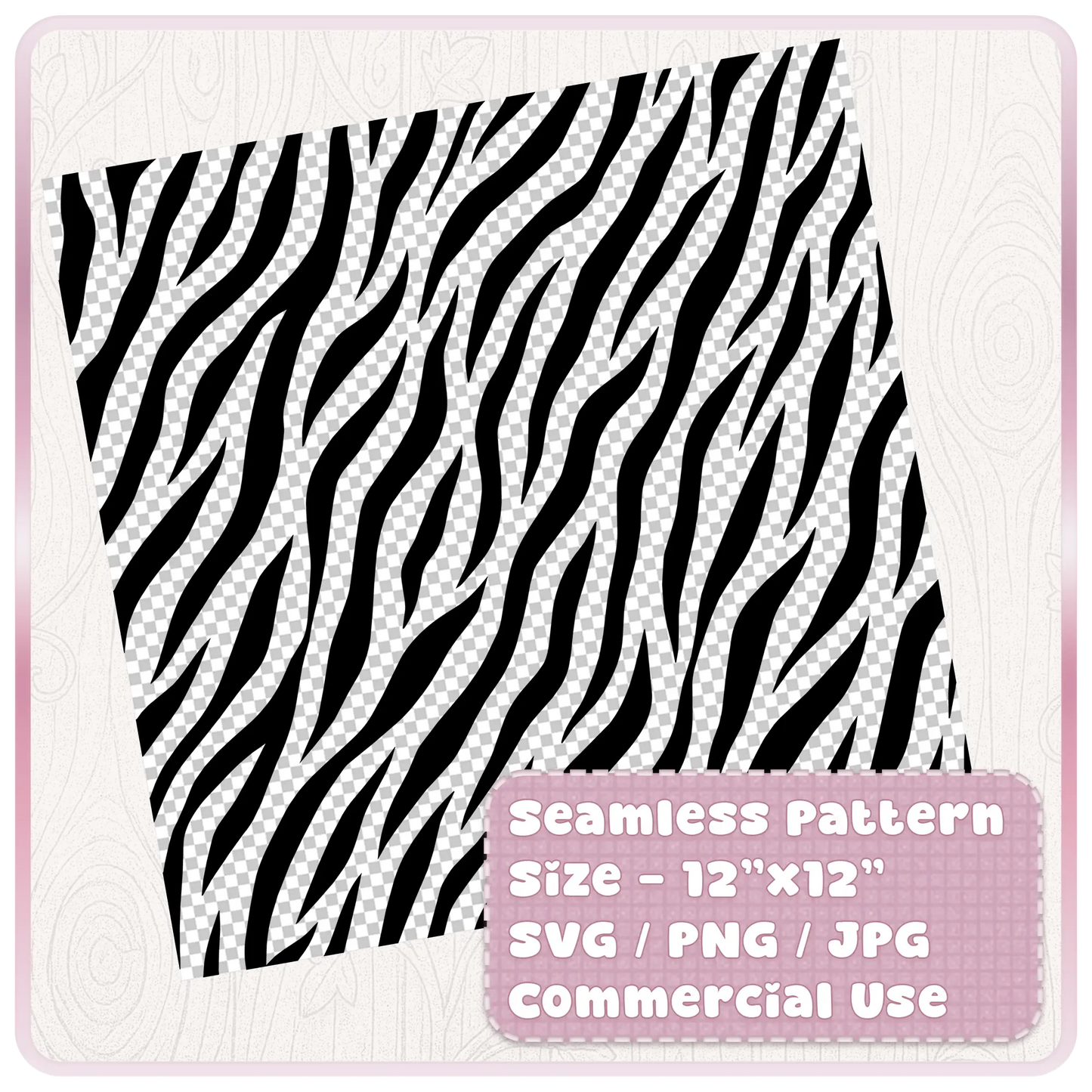 Tileable seamless zebra animal print pattern preview in black and white, 12 x 12 digital paper with SVG PNG and JPG file formats