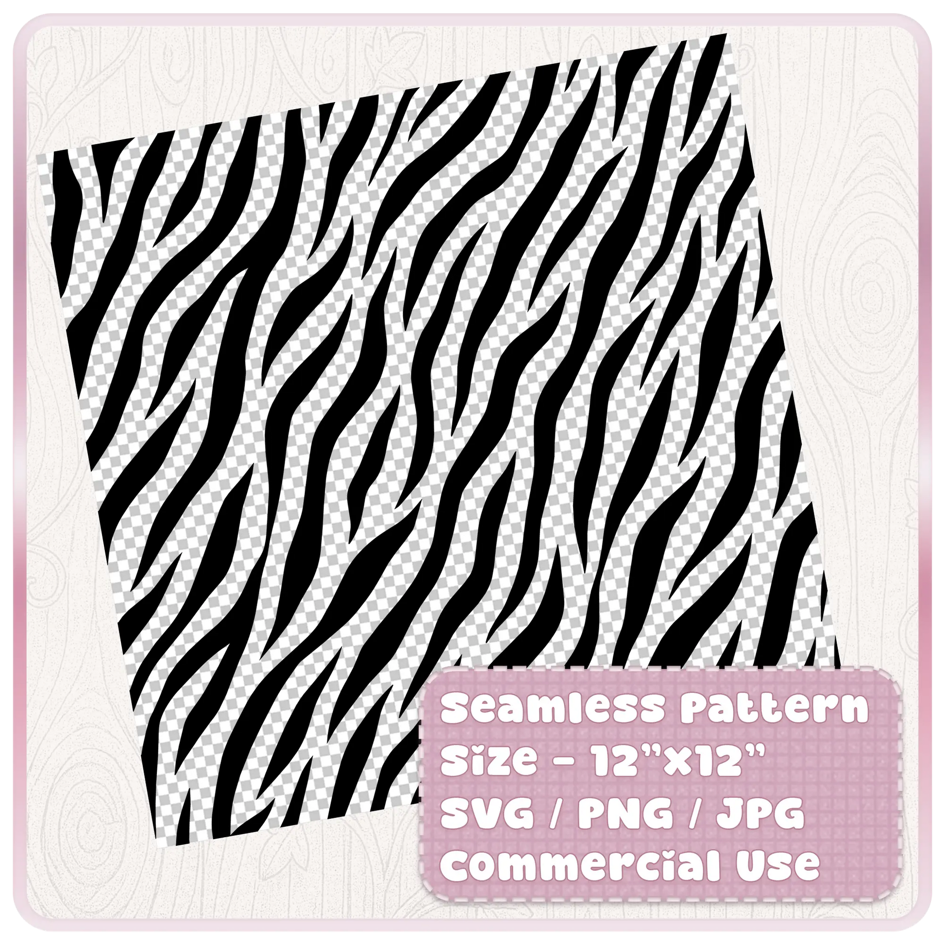 Tileable seamless zebra animal print pattern preview in black and white, 12 x 12 digital paper with SVG PNG and JPG file formats