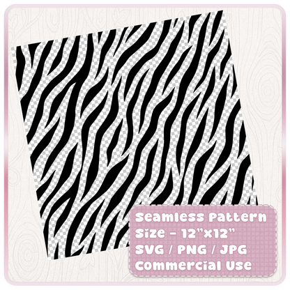 Tileable seamless zebra animal print pattern preview in black and white, 12 x 12 digital paper with SVG PNG and JPG file formats
