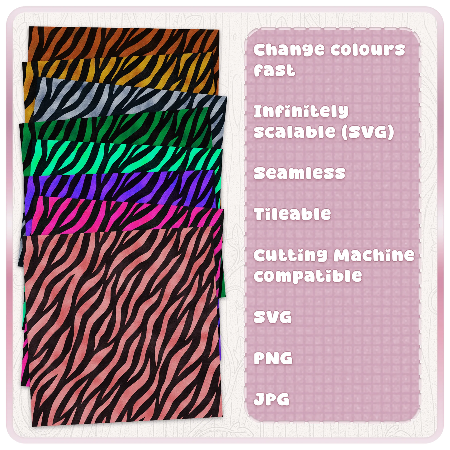 Colour examples of seamless zebra print digital papers showing editable animal stripe pattern in SVG PNG and JPG formats