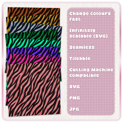 Colour examples of seamless zebra print digital papers showing editable animal stripe pattern in SVG PNG and JPG formats