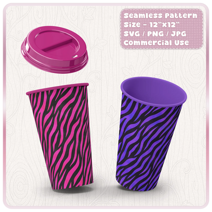 Zebra print seamless pattern applied to travel cup mockups in pink and purple, animal stripe SVG PNG JPG digital download for sublimation crafts