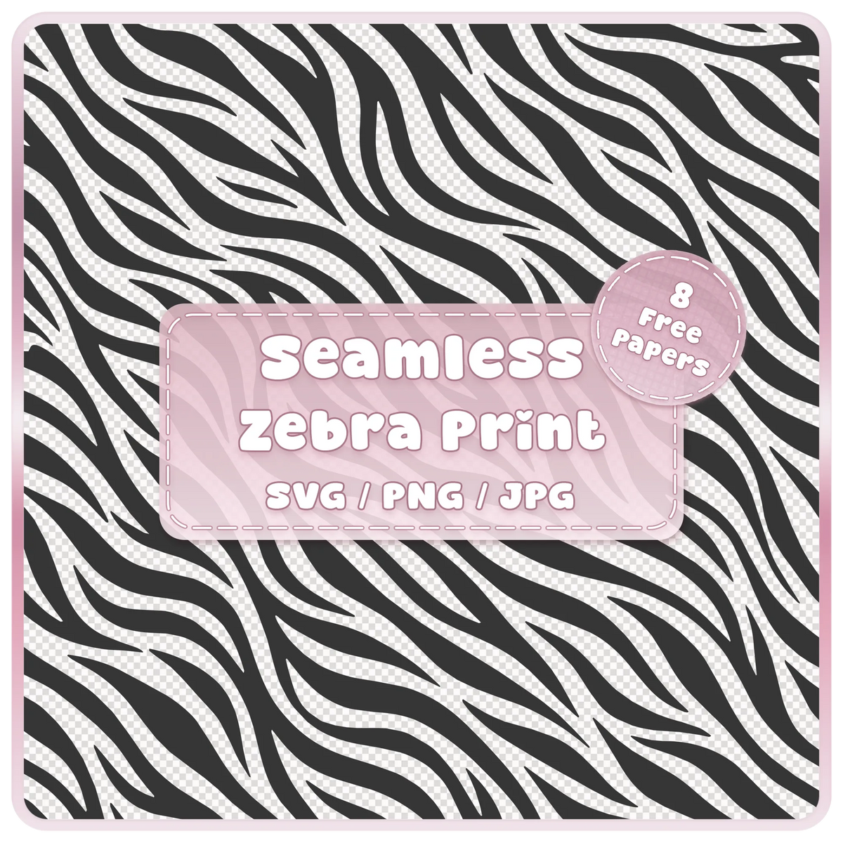 Seamless zebra print pattern SVG PNG JPG digital download with bold black zebra stripes and 8 colour examples