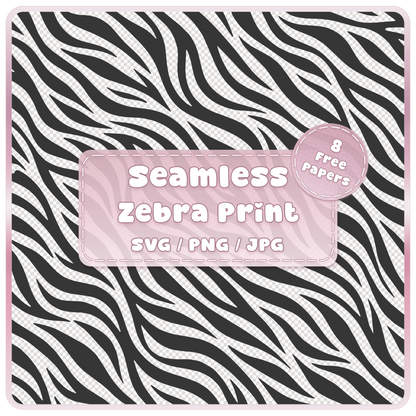 Seamless zebra print pattern SVG PNG JPG digital download with bold black zebra stripes and 8 colour examples