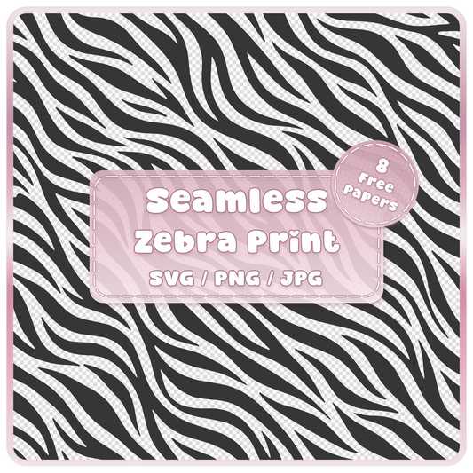 Seamless zebra print pattern SVG PNG JPG digital download with bold black zebra stripes and 8 colour examples