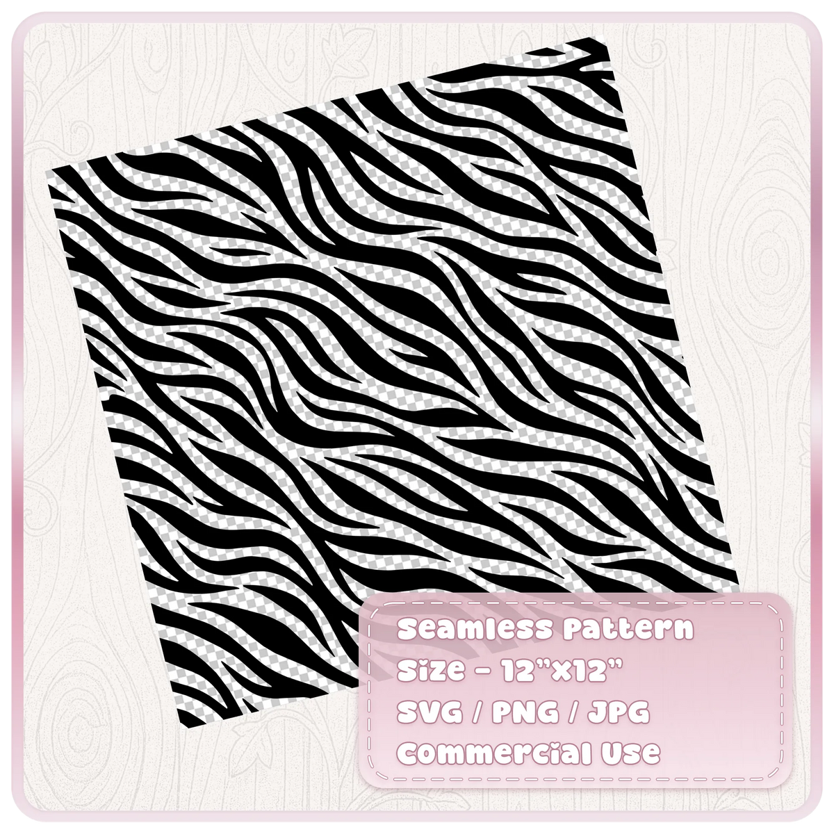 Black seamless zebra stripe SVG pattern on transparent background showing a 12 by 12 inch repeating animal print