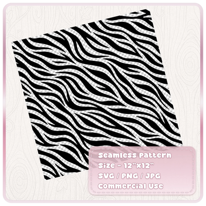 Black seamless zebra stripe SVG pattern on transparent background showing a 12 by 12 inch repeating animal print