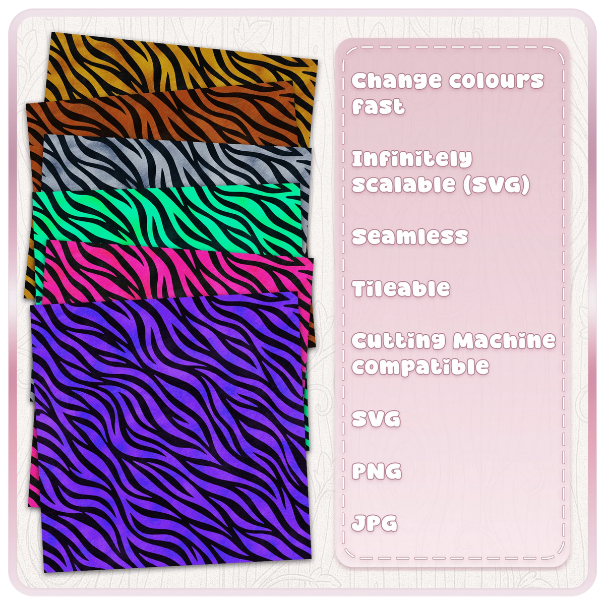 Zebra print colour examples in gold rust silver green pink and purple shown on dark backgrounds