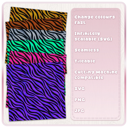 Zebra print colour examples in gold rust silver green pink and purple shown on dark backgrounds