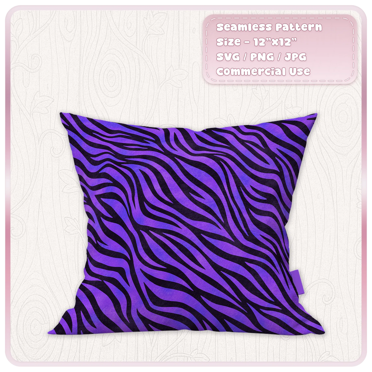 Purple seamless zebra print pattern displayed on cushion mockup for fabric and home decor projects