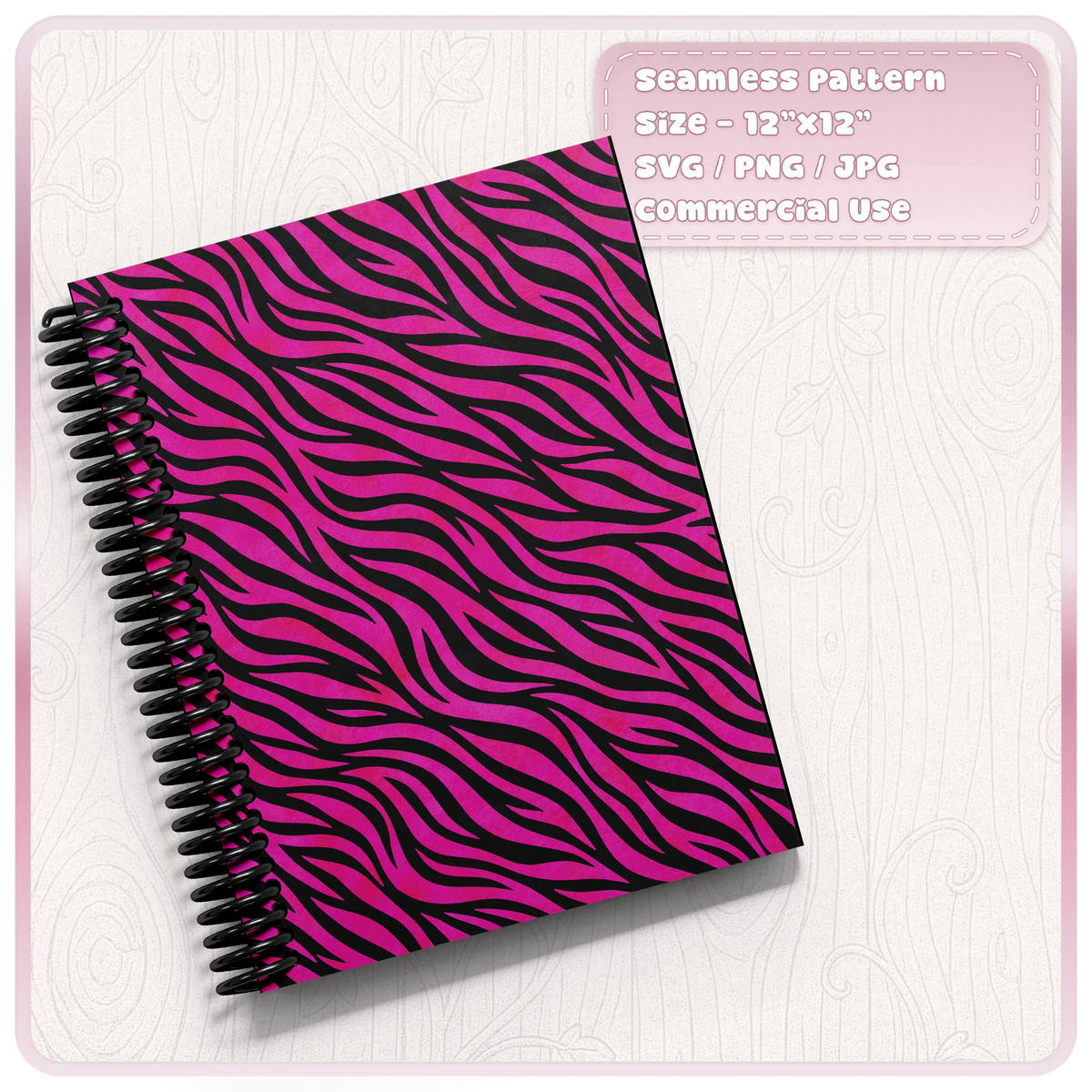 Pink seamless zebra print pattern displayed on spiral notebook mockup for stationery and craft projects