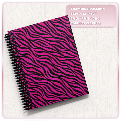 Pink seamless zebra print pattern displayed on spiral notebook mockup for stationery and craft projects
